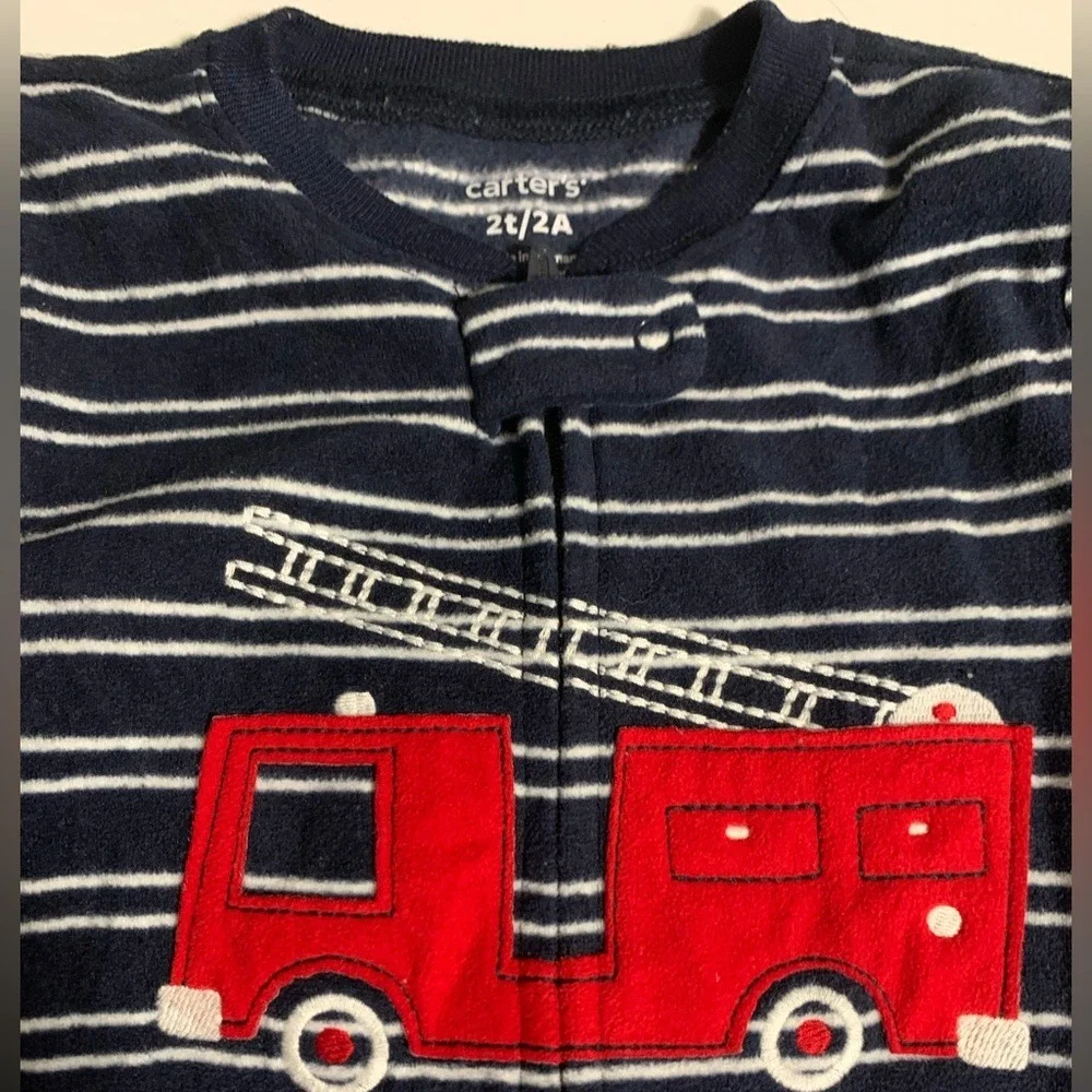 Carters Navy‎ White Stripe Fire Truck Footie Pajamas Sleepwear Baby Toddler 2T